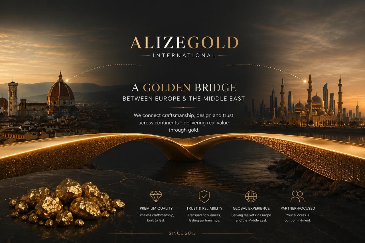 A golden bridge spanning between the architecture of Europe and the Middle East at dusk — the AlizeGold brand artwork
