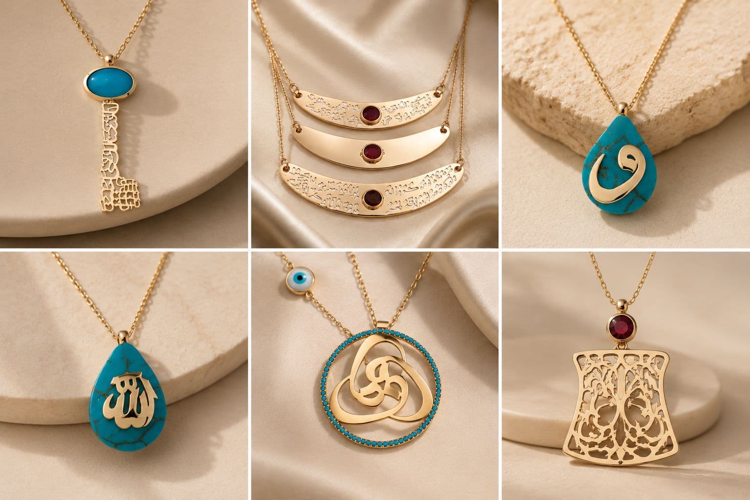 Six gold pendants with turquoise and calligraphy motifs inspired by Middle Eastern design heritage